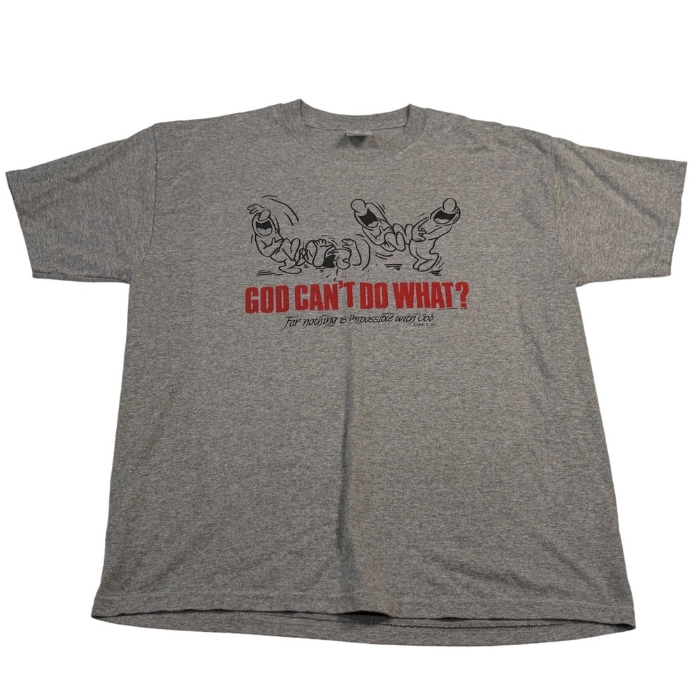 Jerzees T-Shirt Gray God Can't Do What? Religious Graphic Tee Large Mens
